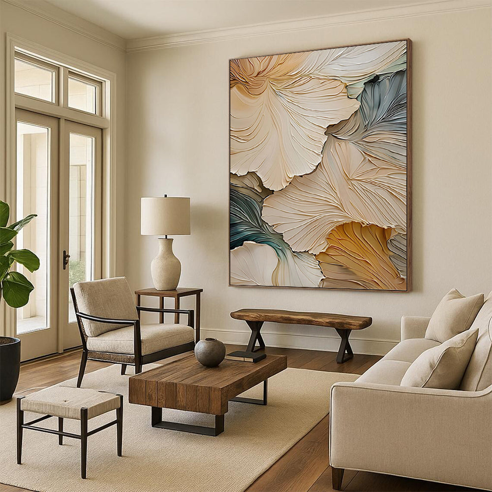 3D Floral Petals in Beige and Blue - Textured Floral Painting On Canvas DKH1385
