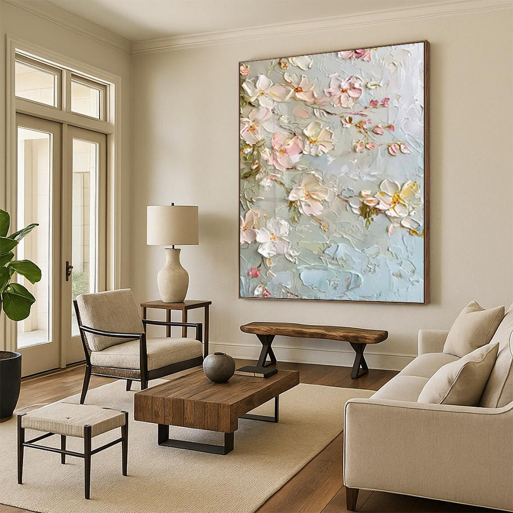 Light Blue and Pink Floral Blossom - Textured Flower Painting On Canvas DKH1392
