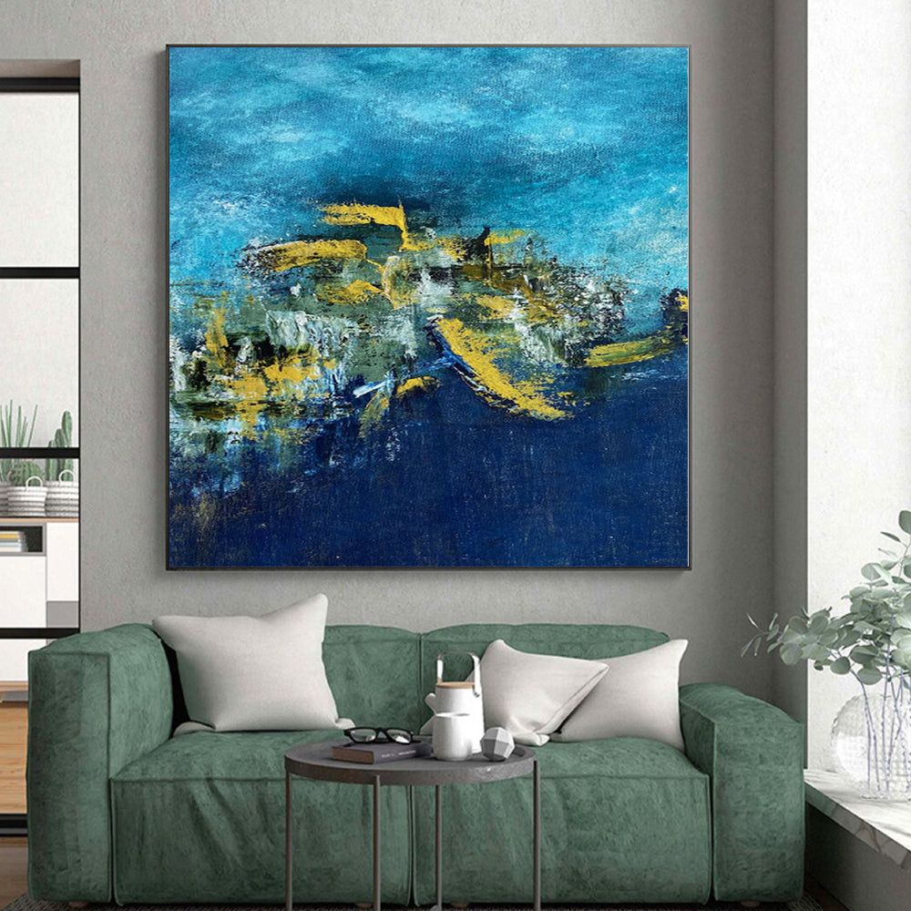 “Ocean Gold” - Abstract Painting with Blue, Yellow, Green, White CT0062