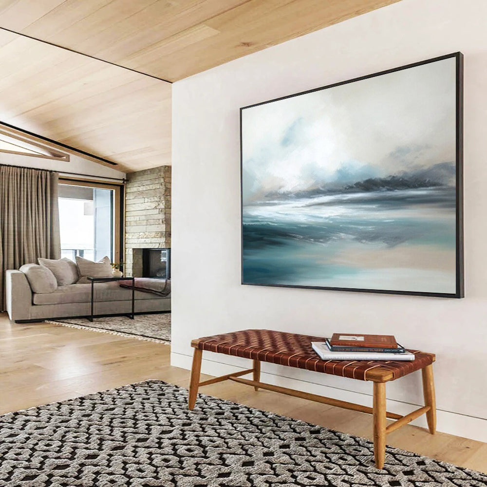 “Soft - Toned Seaside” - A hazy seascape in light blue, white, and gray CT1638