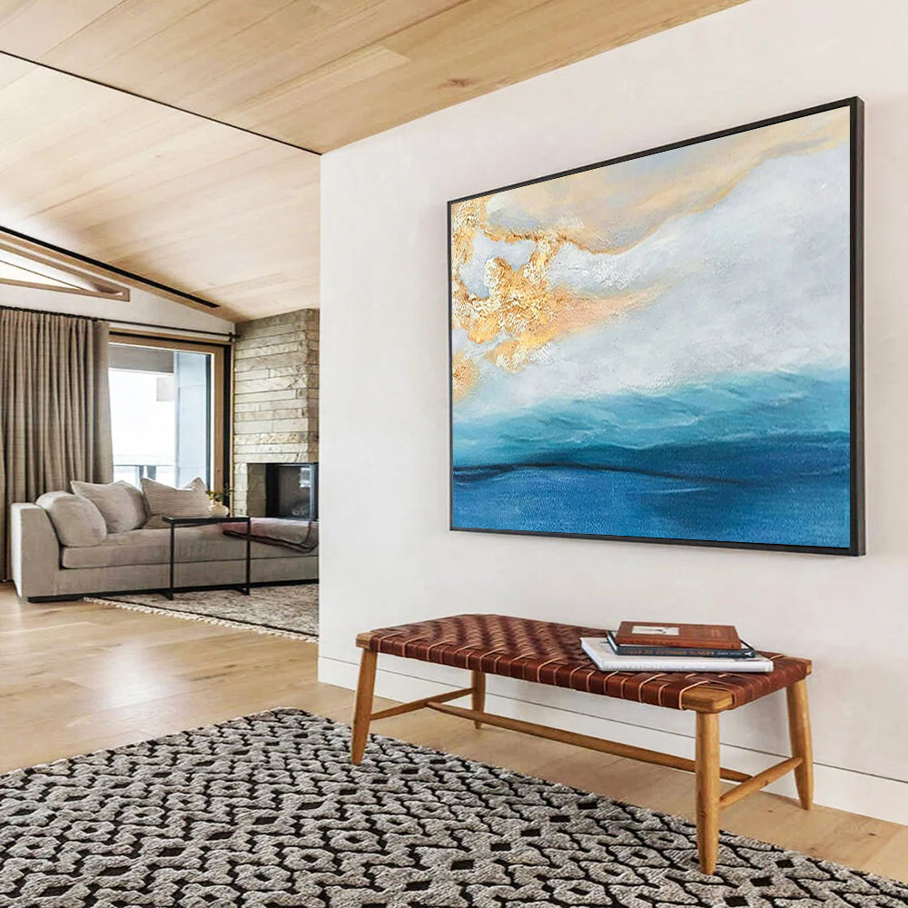 “Coastal Gleam” - Blues, whites, gold; fluid, seascape - inspired abstract forms CT1521