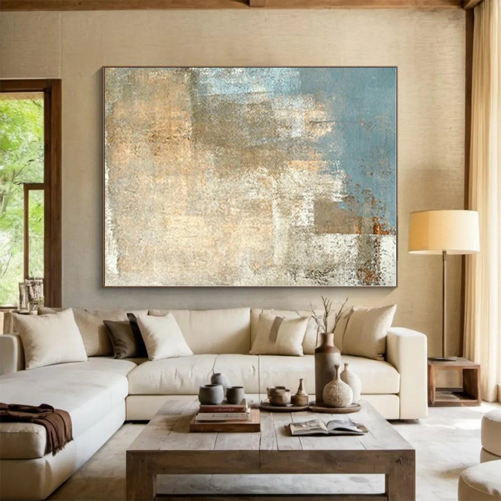 “Blue - Beige Textured Abstract”,Vintage - Inspired Abstract Oil Painting CT0568