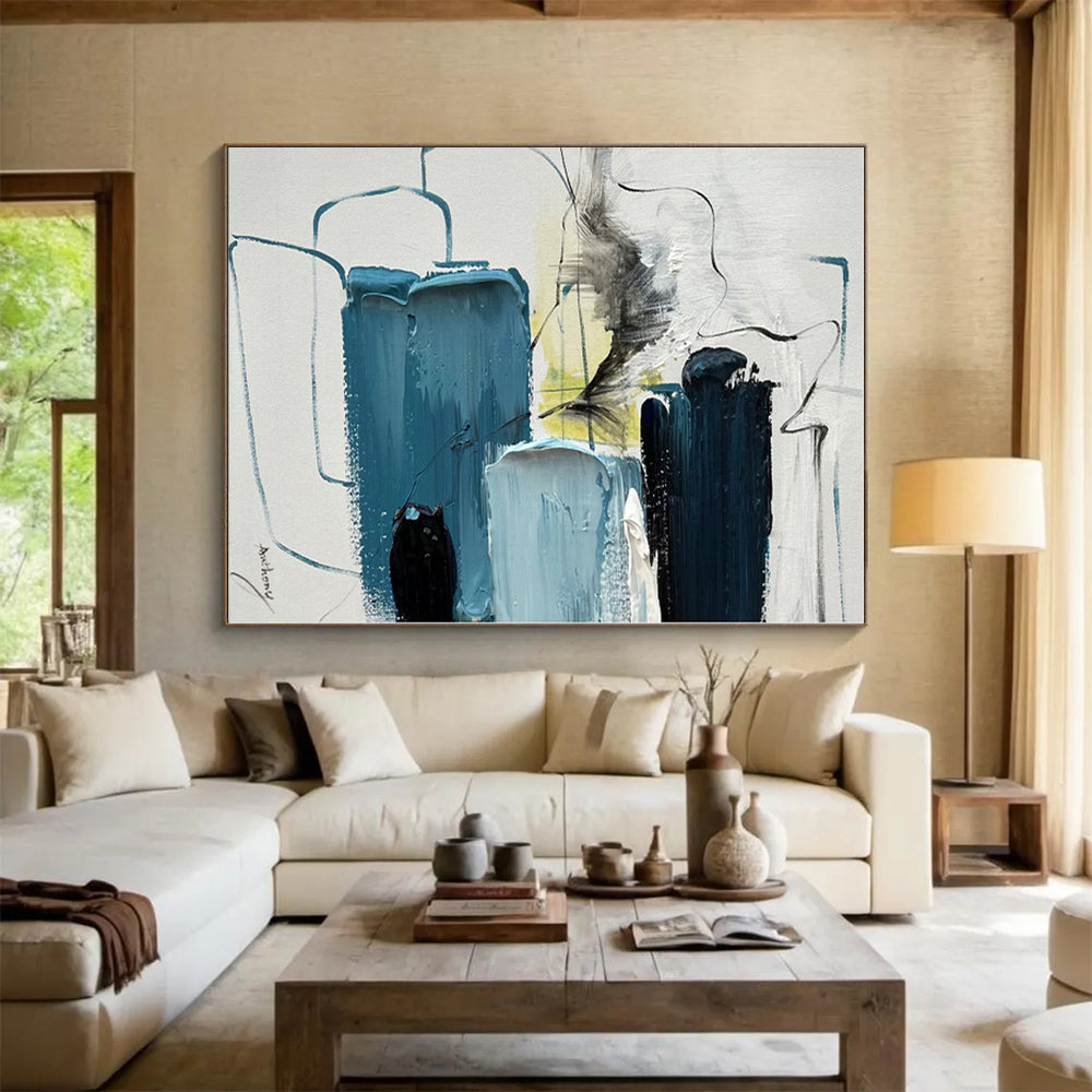 “Blue - Gray Abstract Composition” - Abstract Expressionist Art CT0484