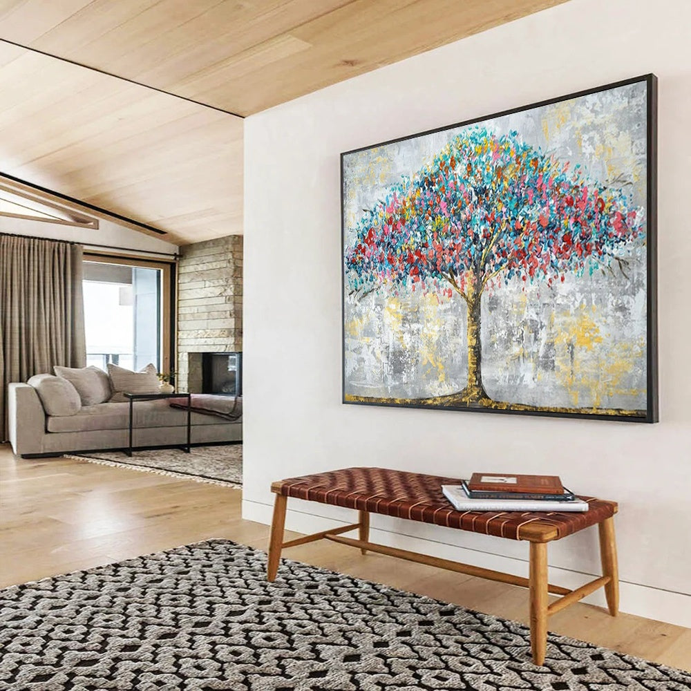 “Colorburst Tree of Life” - Blues, reds, pinks, yellows; vibrant, textured tree against a muted background CT1598