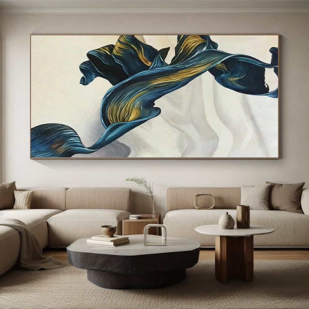 “Flowing Blue - Gold Ribbons” Abstract Acrylic Art CT0301