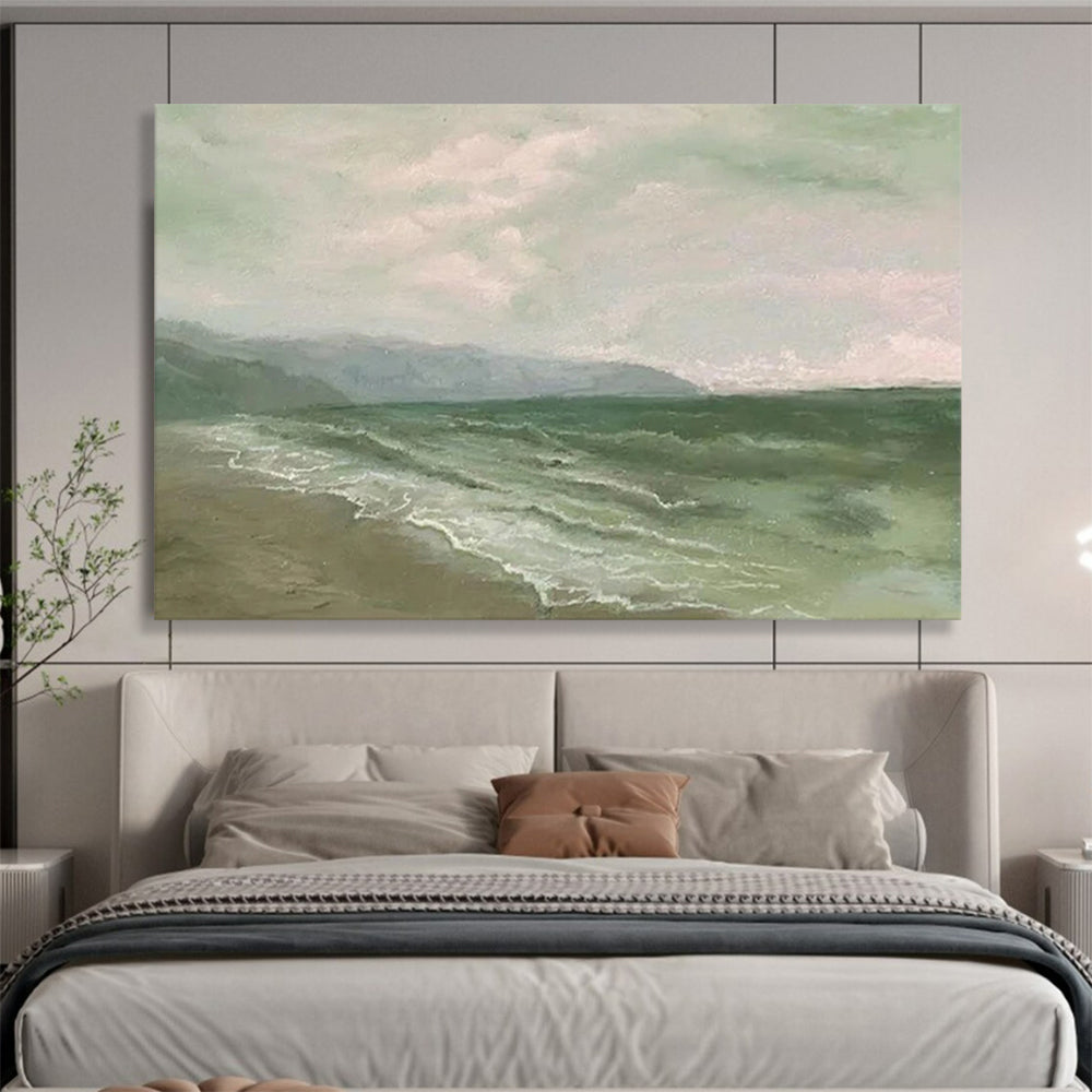 “Muted Seaside” - Greens, blues, soft grays; tranquil, realistic - leaning seascape CT1522
