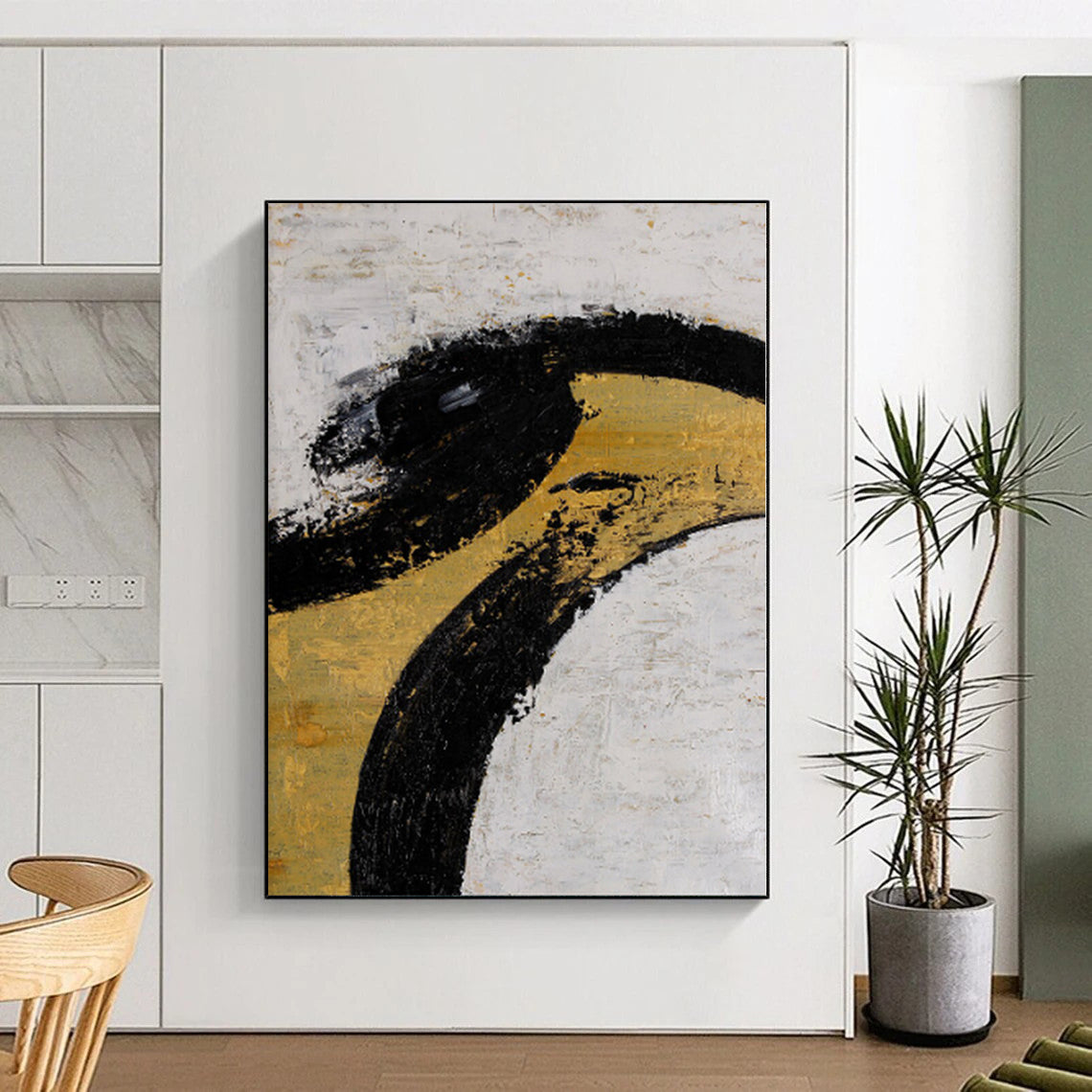 “Elegant Curves” - Abstract Painting with Black, Gold, White CT0039