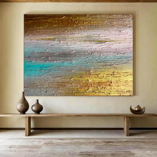 “Sunset Horizons” – Layered golds, teals, pinks in thick, horizontal acrylic strokes CT1691