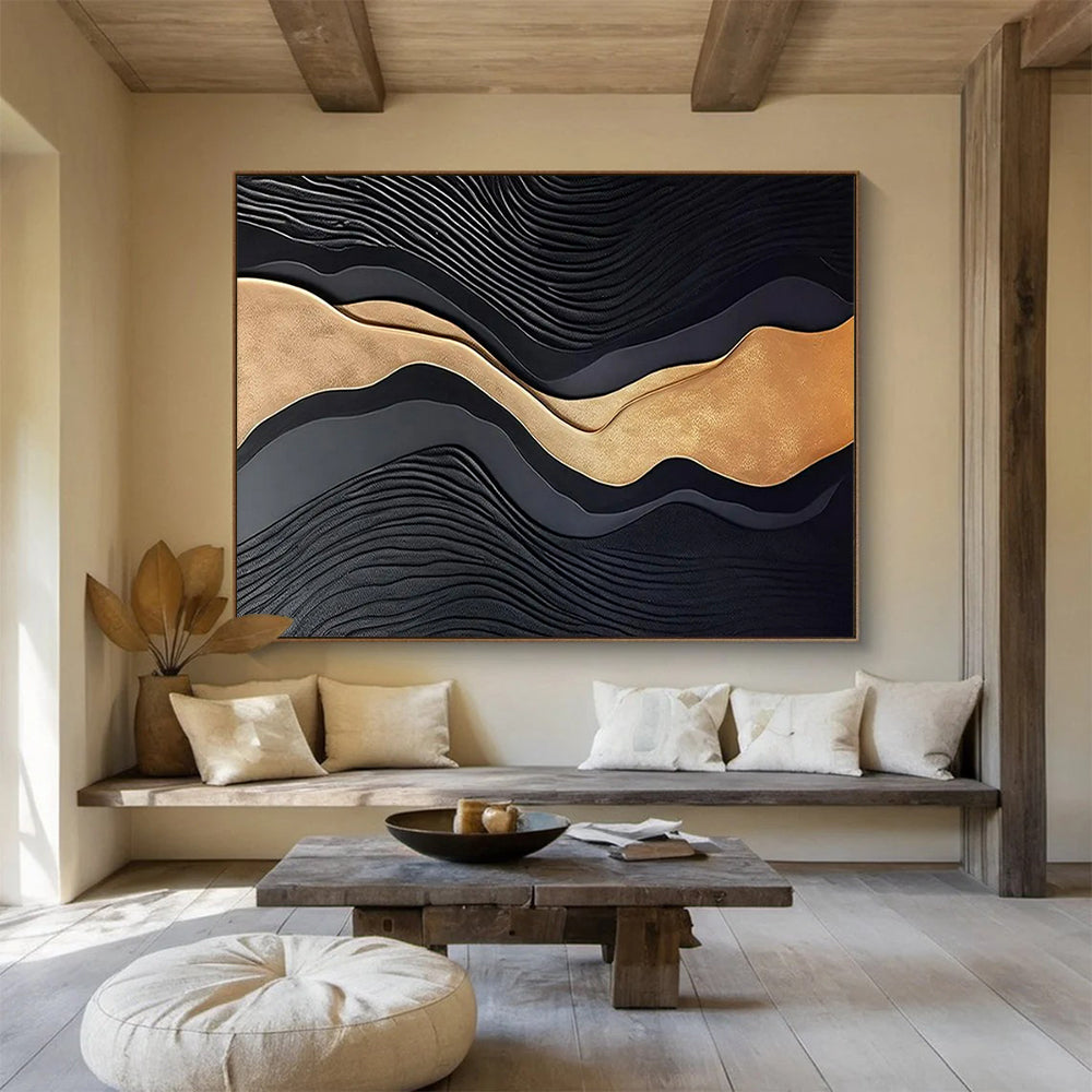 “Black & Gold Waves” - Black, gold; 3D - like wavy layers CT1576