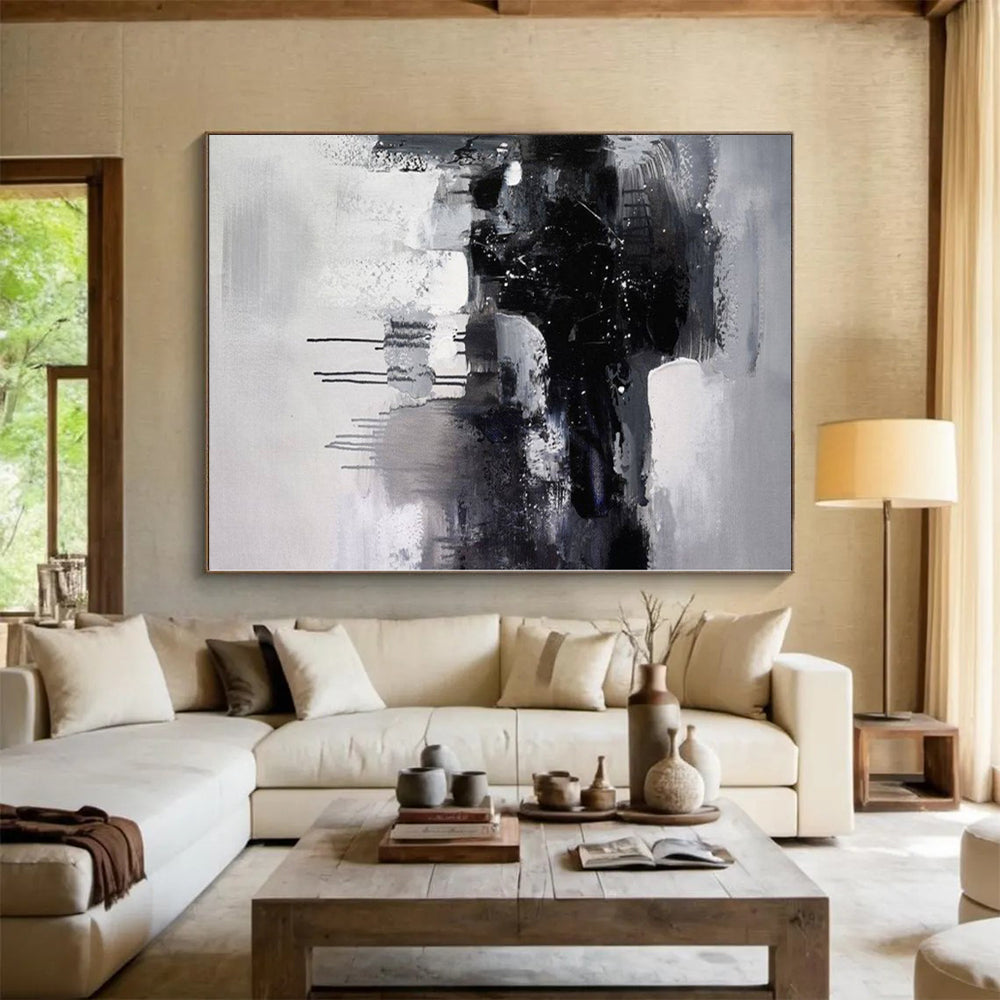 “Black - White Abstract Drizzle”,Expressive Abstract Painting CT0376