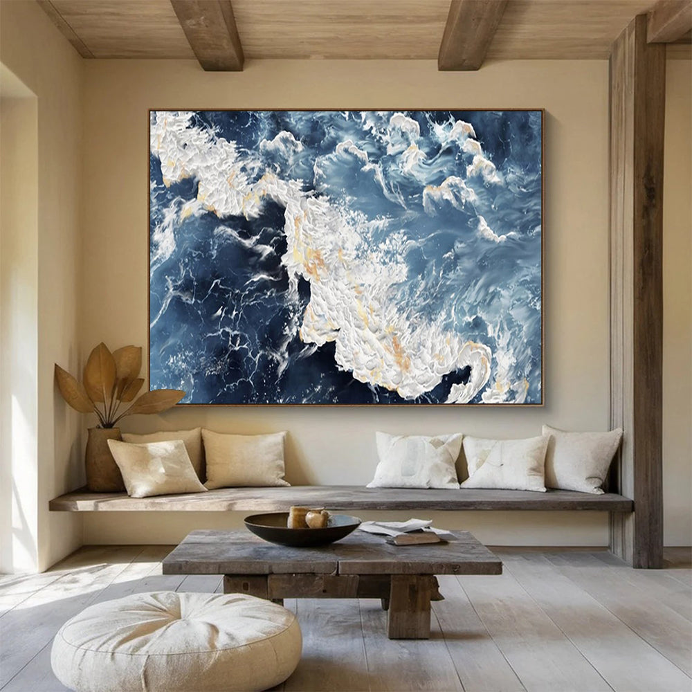 “Sea Splash” - Hues of dark blue, light blue, white, and gold; surging waves with golden glints in the spray CT1528