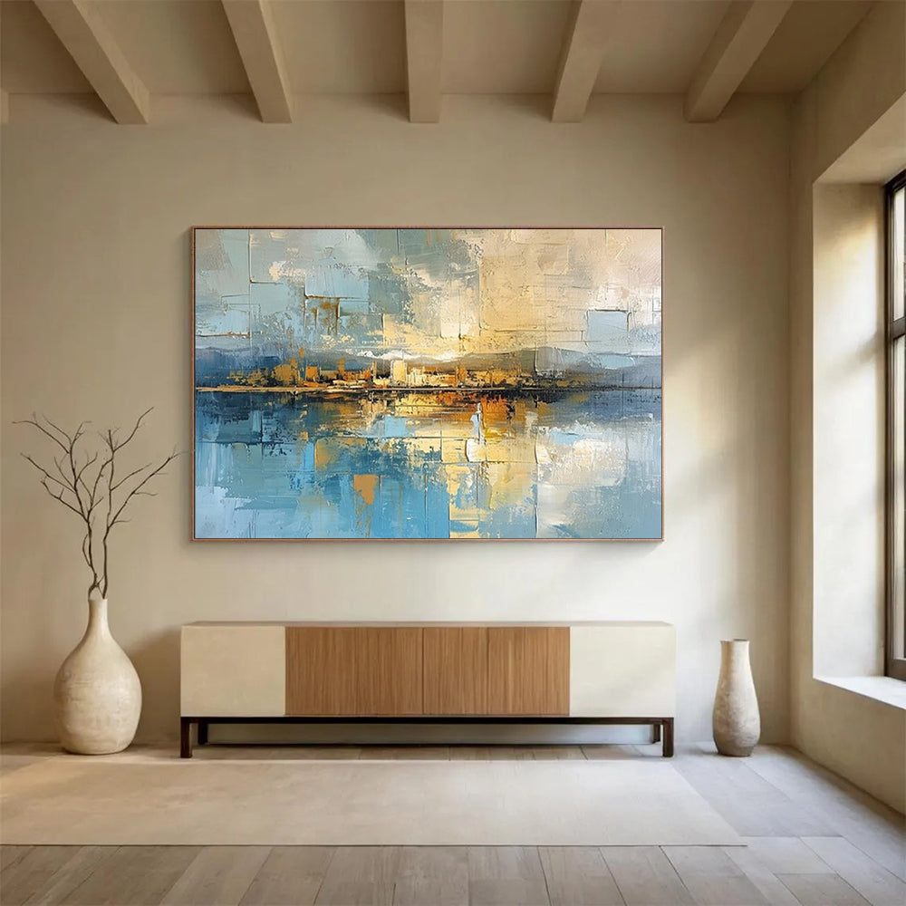 “Urban Reflection” - An urban abstract in blue, gold, and brown CT1640