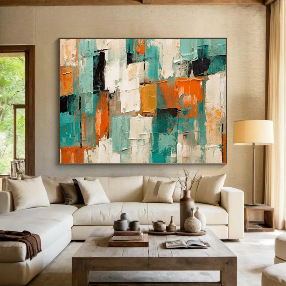 “Teal - Orange Textured Blocks” – Abstract Acrylic Painting CT1721