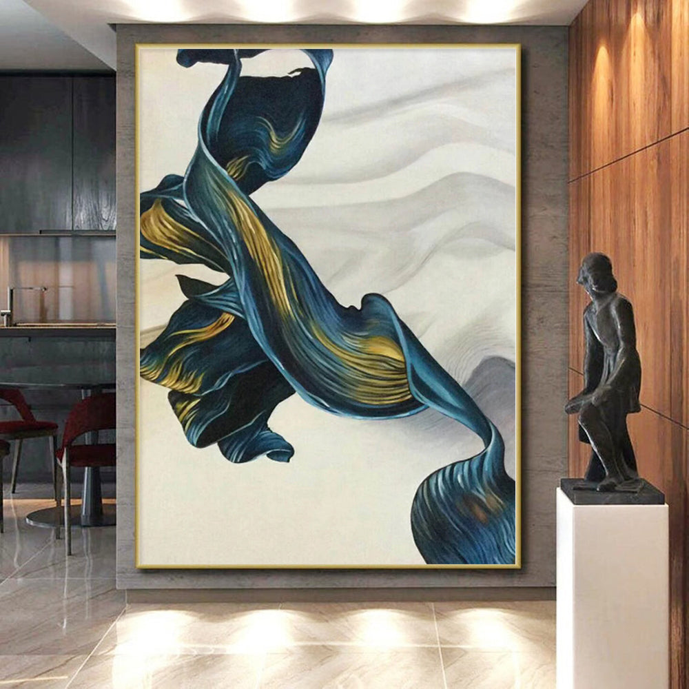 “Flowing Blue - Gold Ribbons” Abstract Acrylic Art CT0301