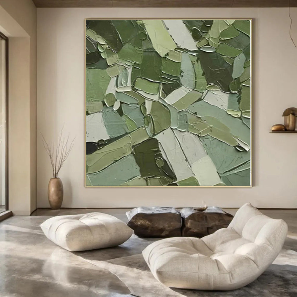 “Patchwork Green Textured Abstract” Cubist - Inspired Acrylic Art CT0201