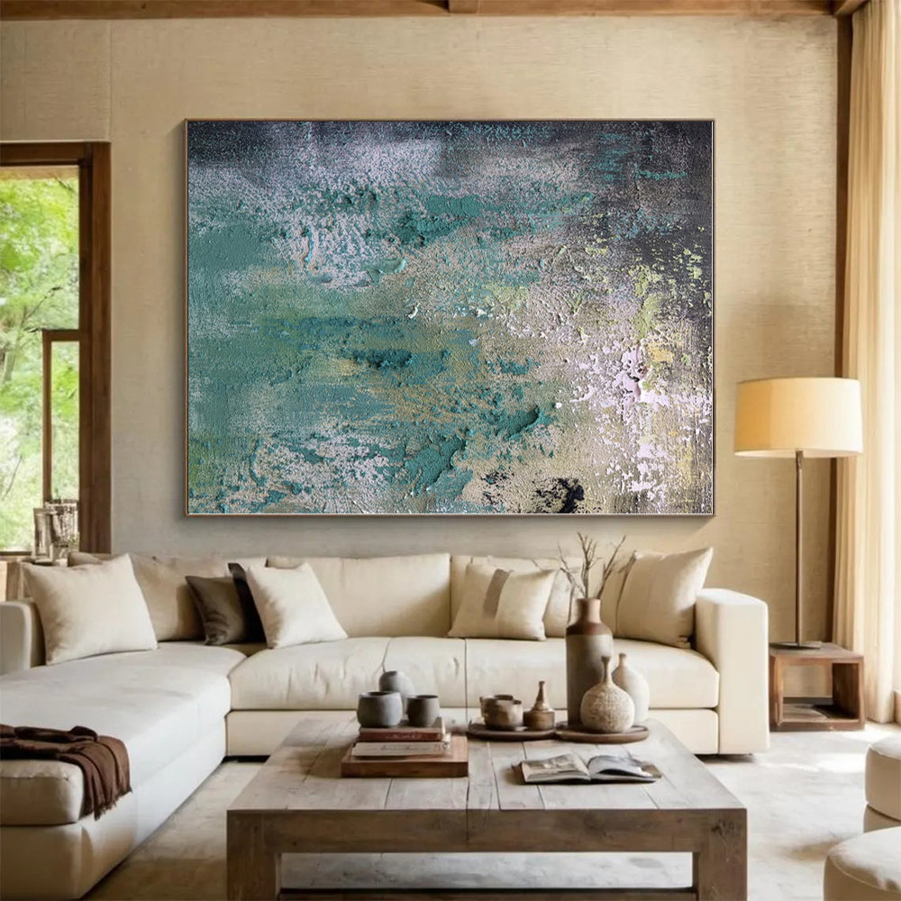 “Textured Teal and Green Abstract”,Abstract Impasto Acrylic Art CT0578