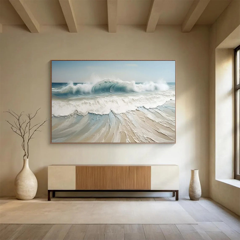 “3D Sea Wave” - Shades of blue, white, beige; thick - textured, three - dimensional wave crashing on the shore CT1545