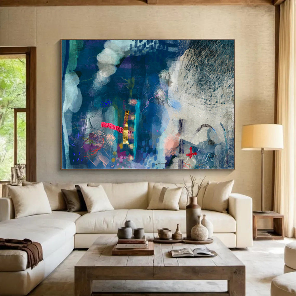 “Blue Collage Dream” - Mixed - Media Art with Blues, Purples, Gold, Pink CT0095