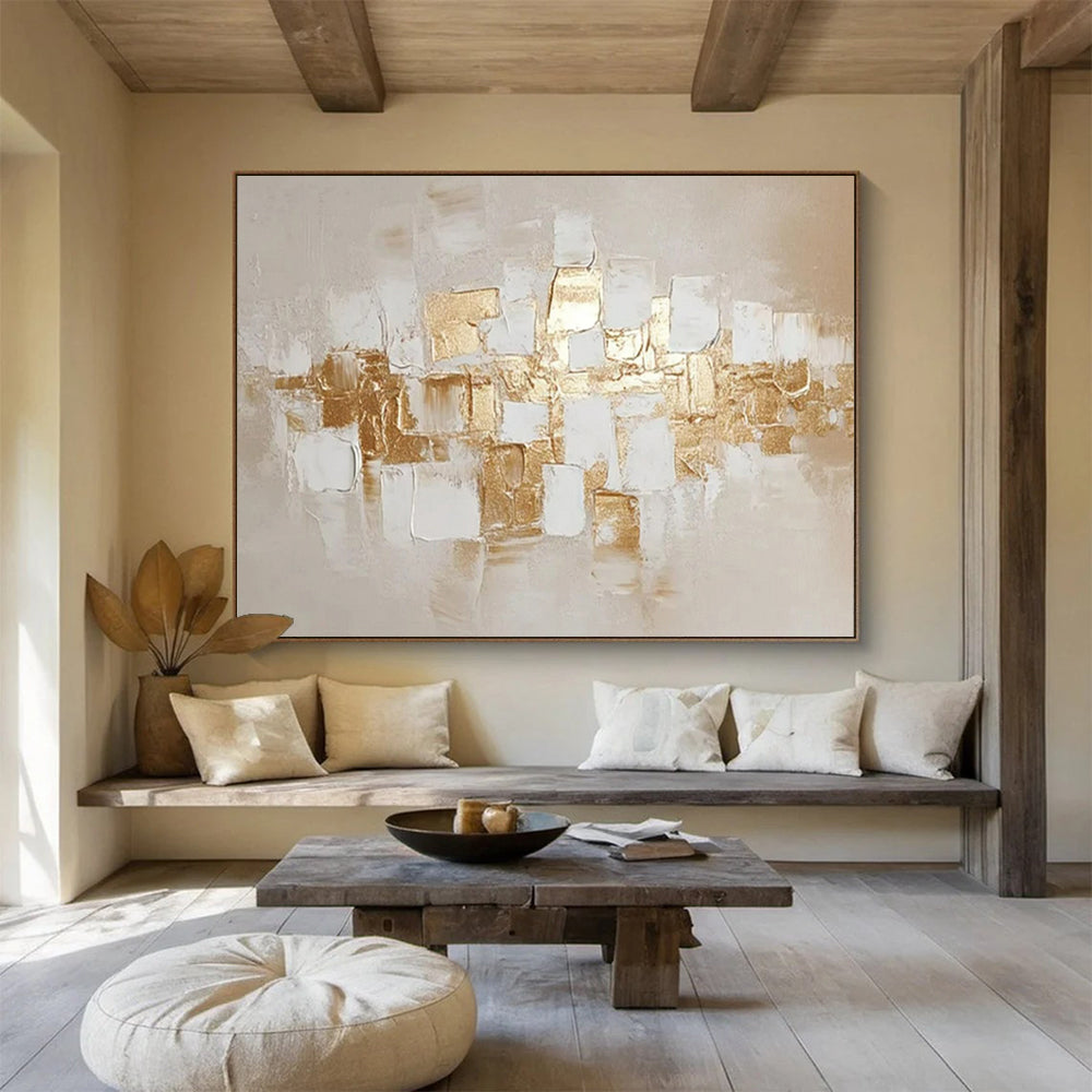 “Gold and White Abstraction” - Shades of gold, white, beige; textured, abstract squares and rectangles CT1552