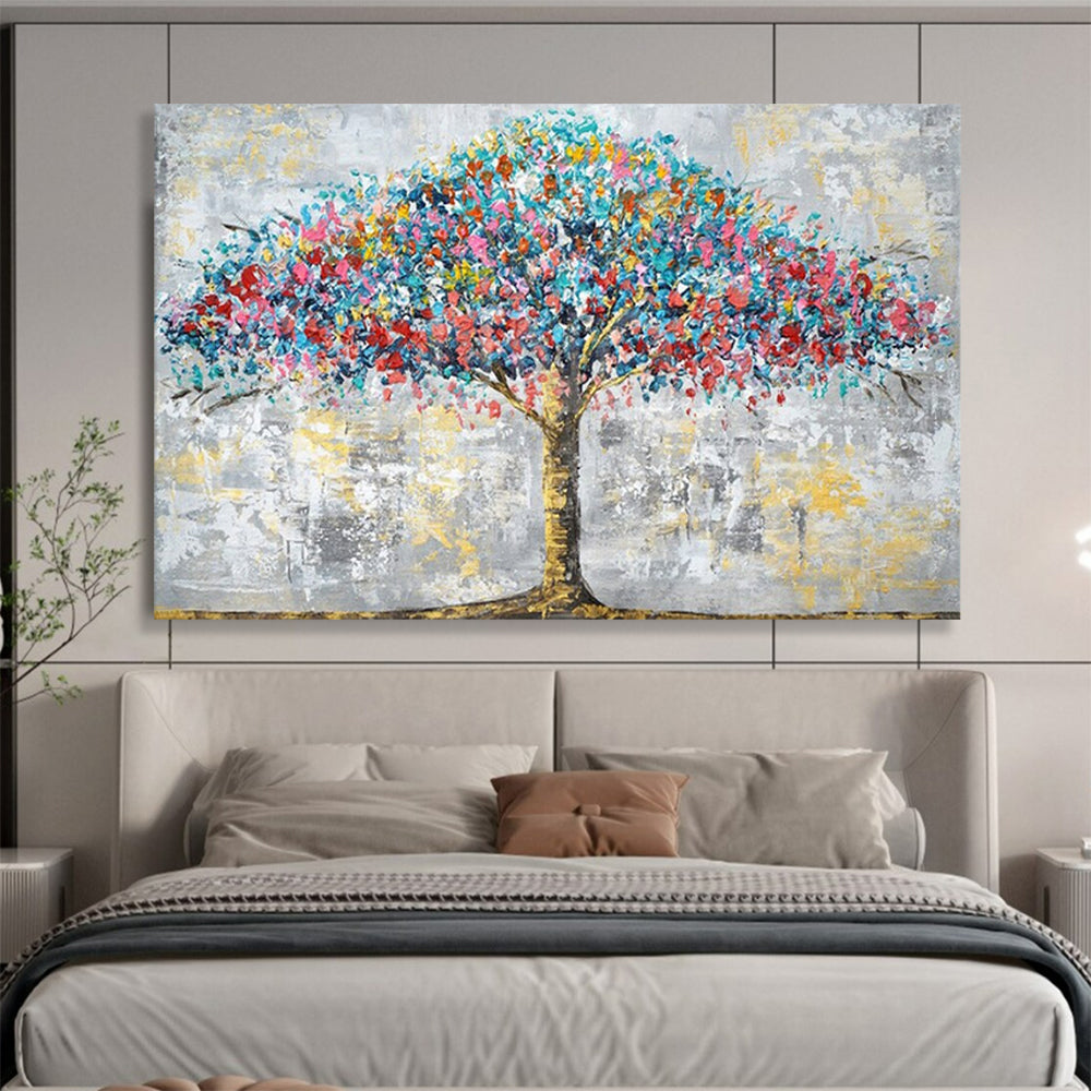 “Rainbow Tree” - Vivid blues, reds, yellows; textured, colorful tree against gray CT1514