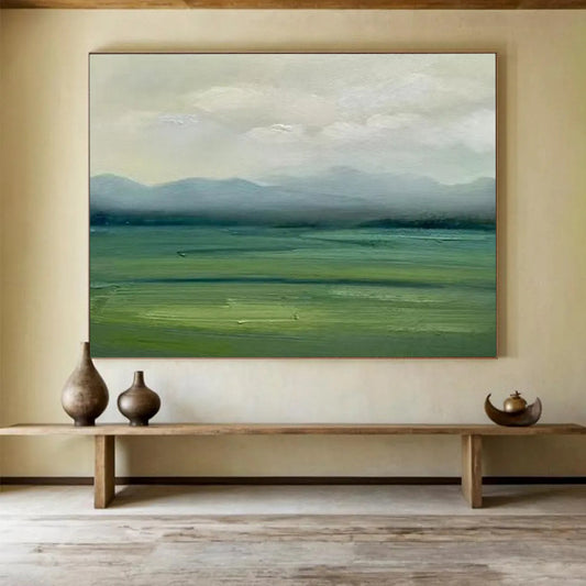 Misty Green Field & Distant Mountains - Landscape Oil Painting CT1785