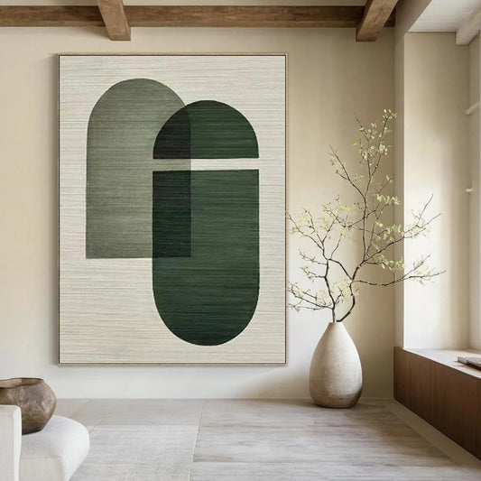 “Olive and Dark Green Geometric Overlaps” Minimalist Acrylic Art CT0165