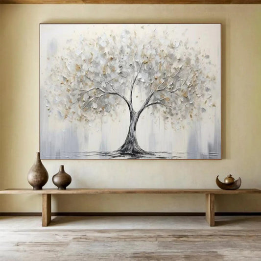 “Silver - Gold Tree of Serenity” - Silvers, whites, golds; textured, minimalist tree CT1619
