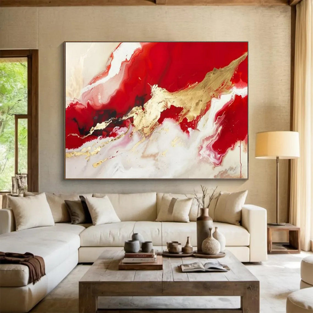 “Red - Gold Fluid Abstraction” - Reds, whites, golds; flowing, metallic - accented color waves CT1614