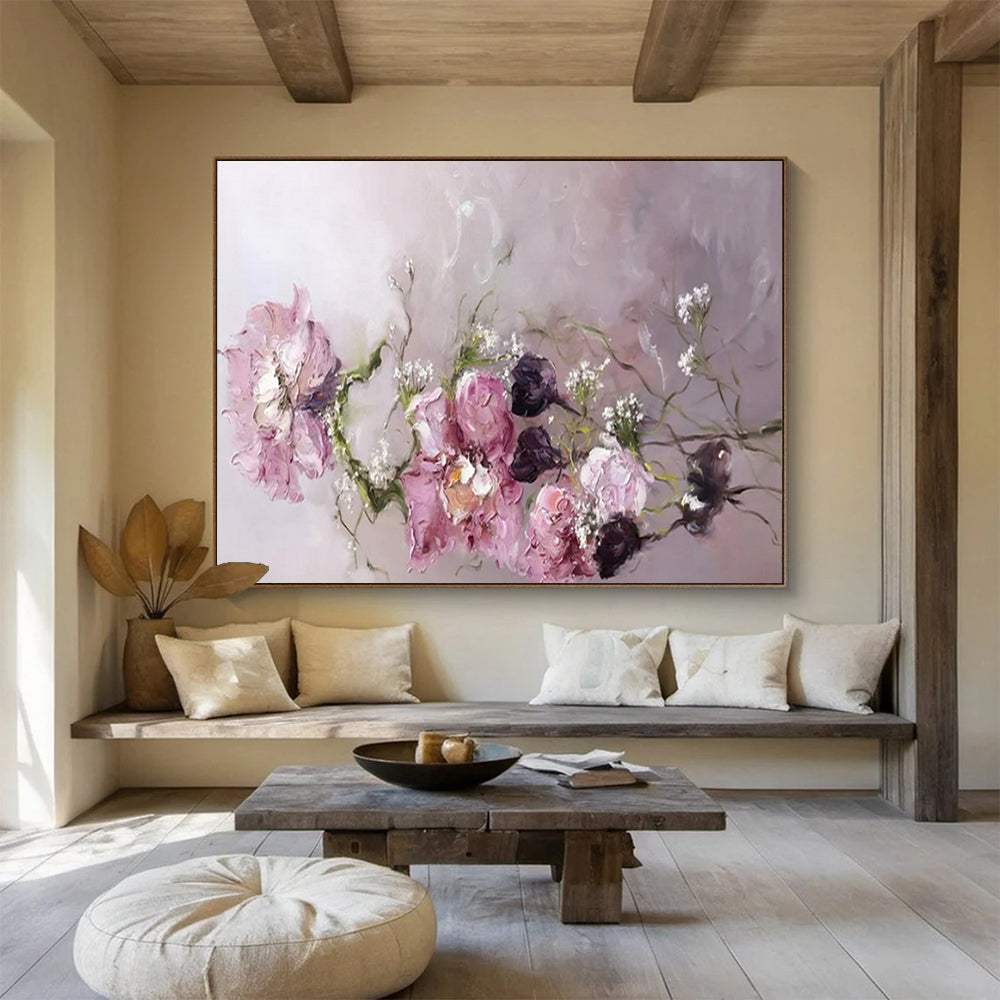 “Pink Flowers with Baby's Breath” – Impasto Floral Oil Painting CT1762