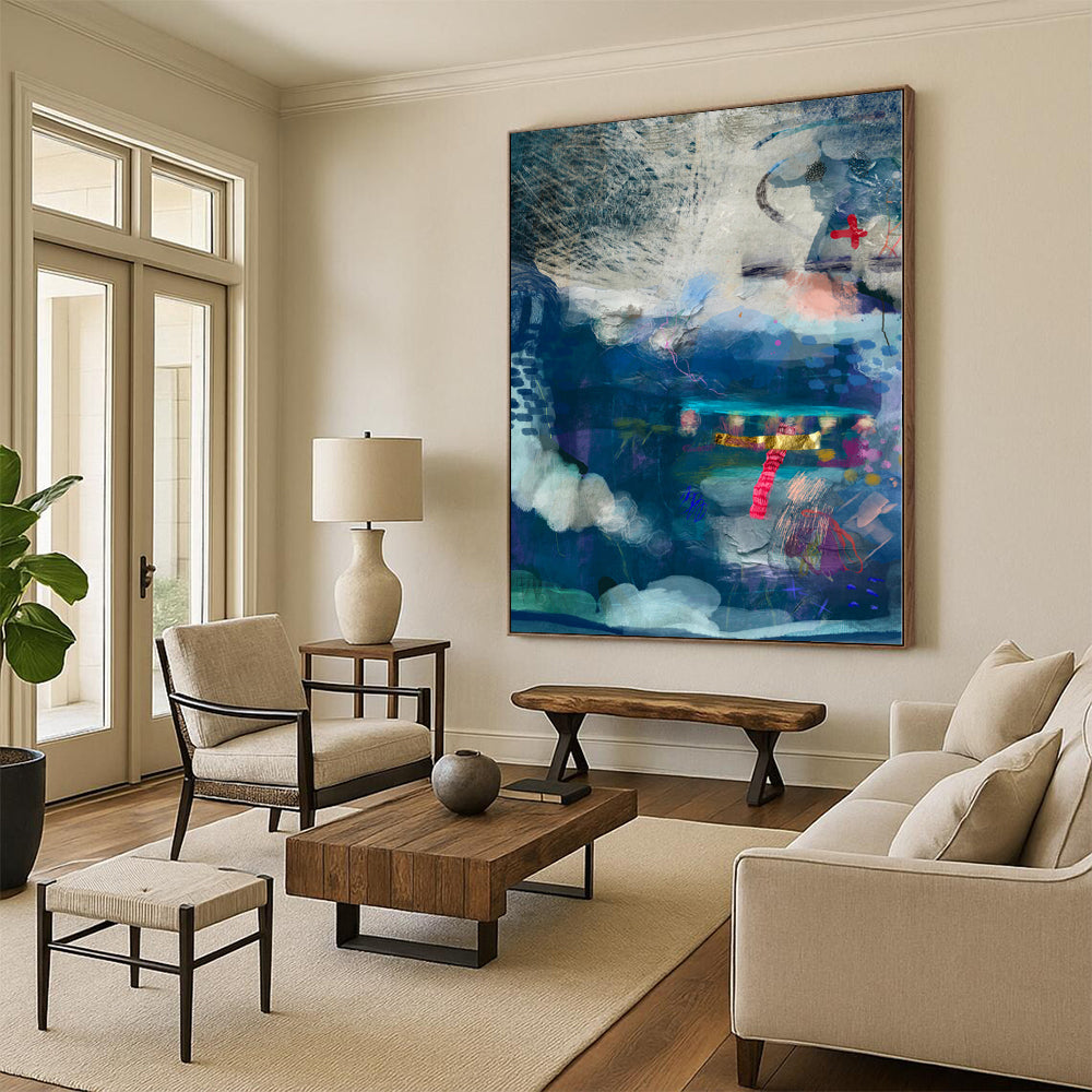 “Blue Collage Dream” - Mixed - Media Art with Blues, Purples, Gold, Pink CT0095