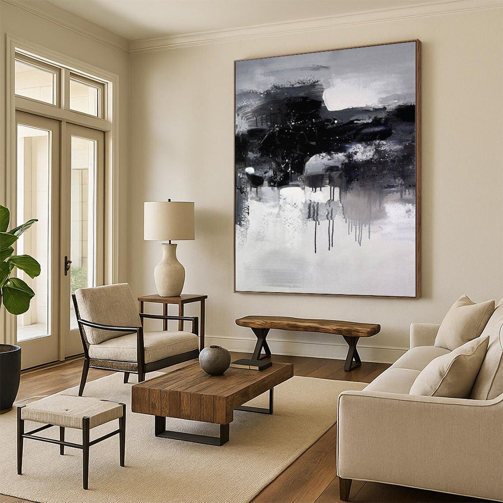 “Black - White Abstract Drizzle”,Expressive Abstract Painting CT0376