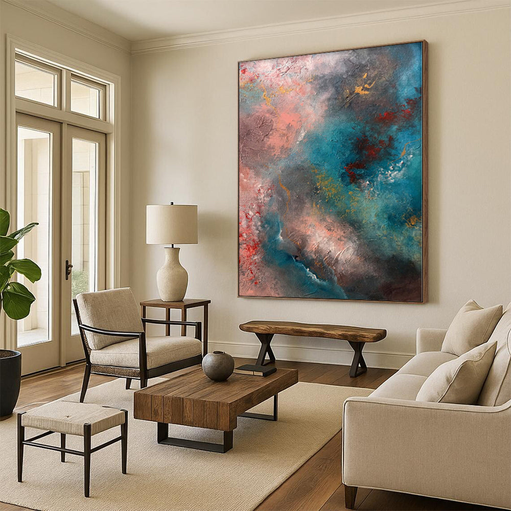 “Cosmic Blush” - Abstract Painting with Pink, Blue, Gray, Yellow, Red CT0053