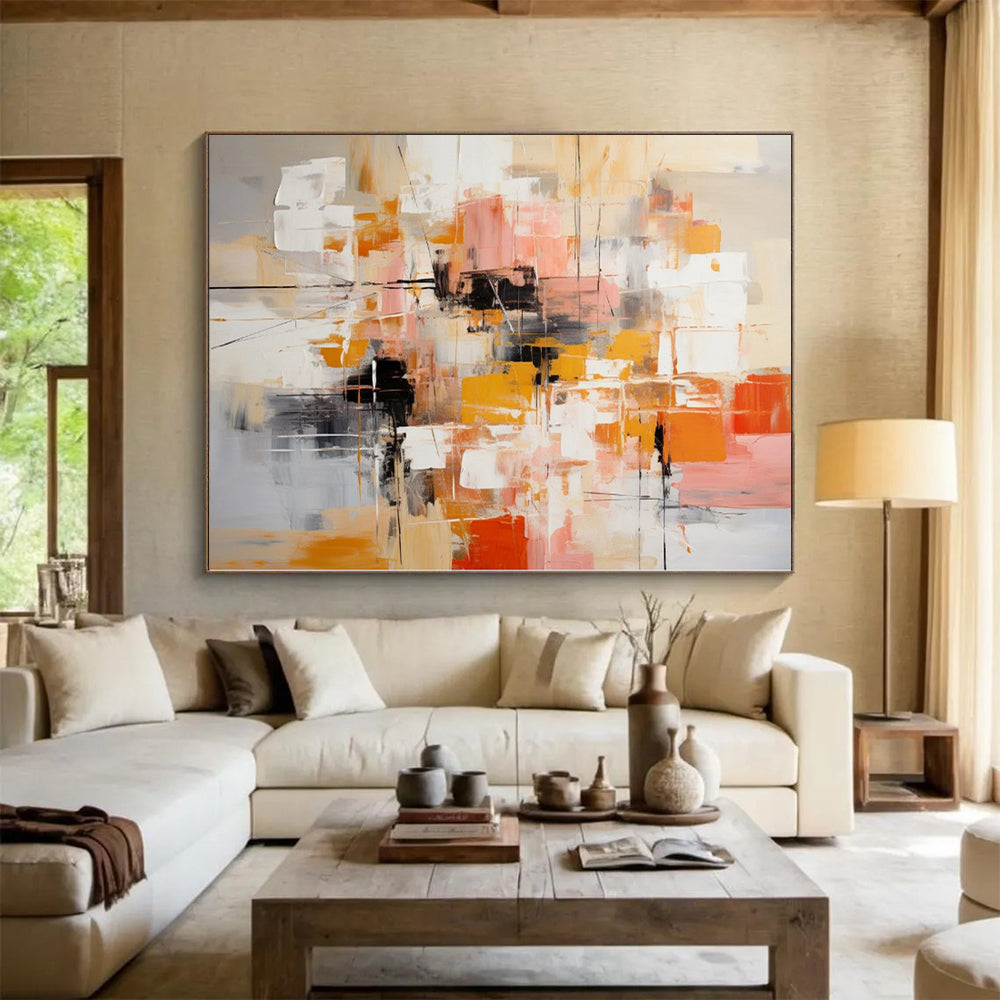“Orange - pink Abstract Geometry” Cubist - Inspired Acrylic Art CT0225