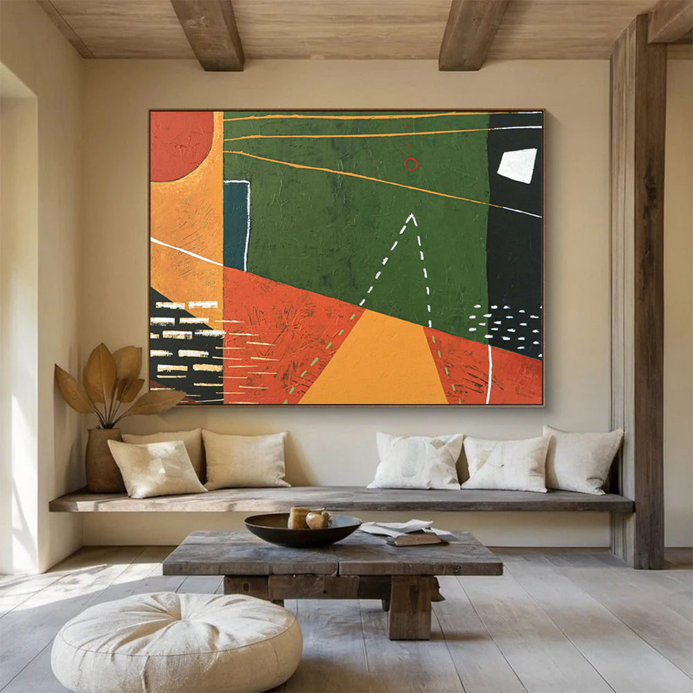 “Geometric Play in Green, Orange, and Black” - Modernist Acrylic Composition CT1808