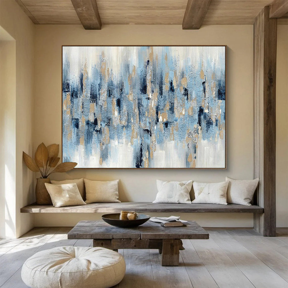 “Blue - Gold Rhythm” - Blues, whites, metallic gold; scattered, rhythmic abstract shapes CT1519