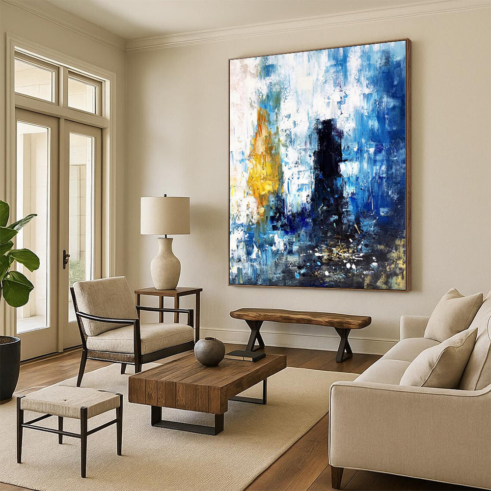 “Blue - Yellow Abstract Cityscape”,Expressive Abstract Painting CT0381