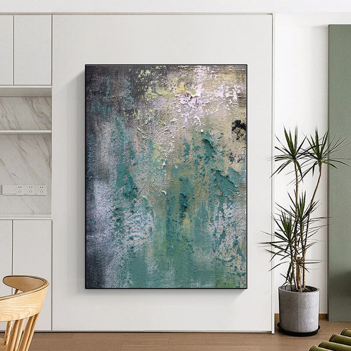 “Textured Teal and Green Abstract”,Abstract Impasto Acrylic Art CT0578