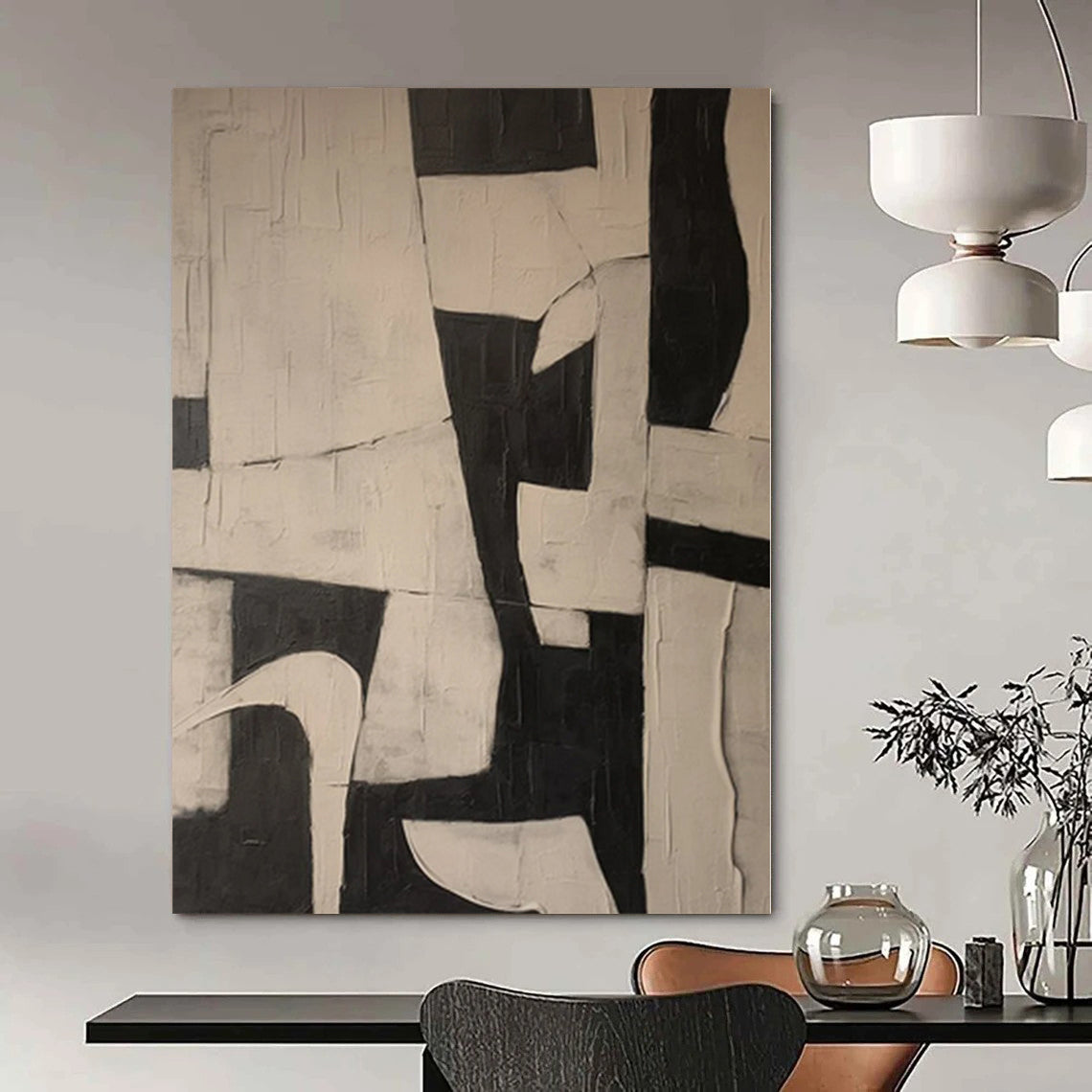“Black - White Geometric Dynamism” Abstract Acrylic Painting CT0125