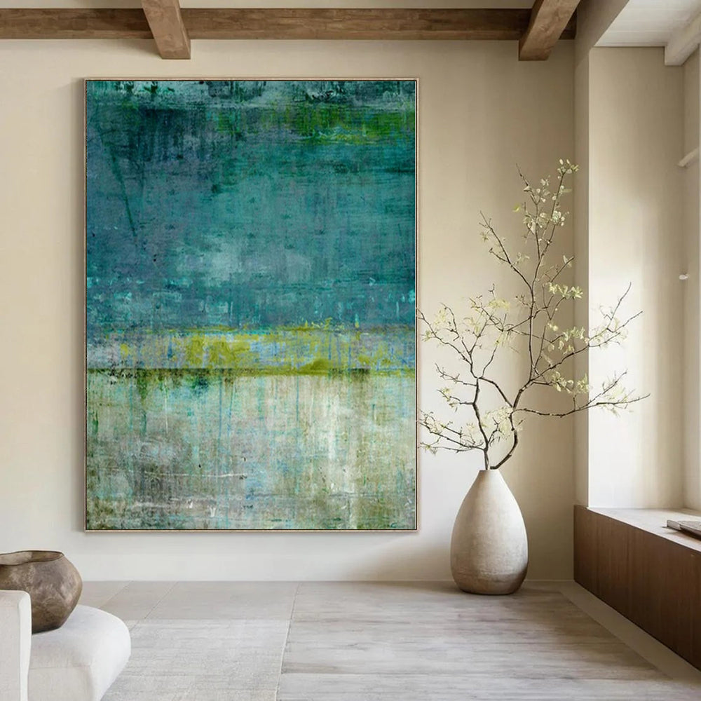“Teal and Green Textured Layers” Mixed - Media Art CT0182
