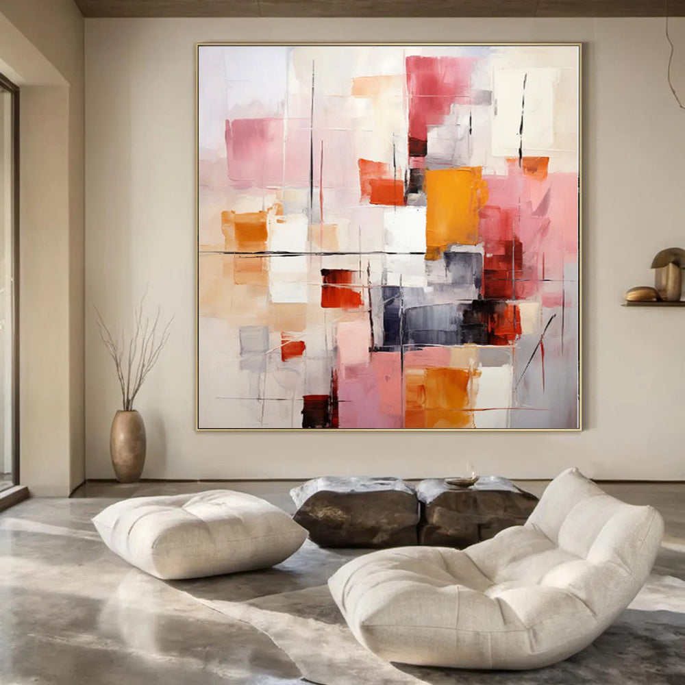 “Pink - Orange - Gray Abstract Composition” Modernist Acrylic Art CT0189