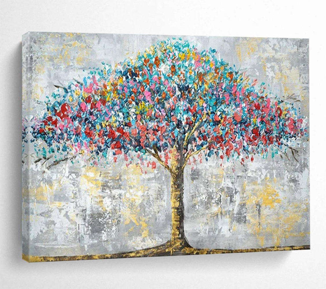 “Colorburst Tree of Life” - Blues, reds, pinks, yellows; vibrant, textured tree against a muted background CT1598