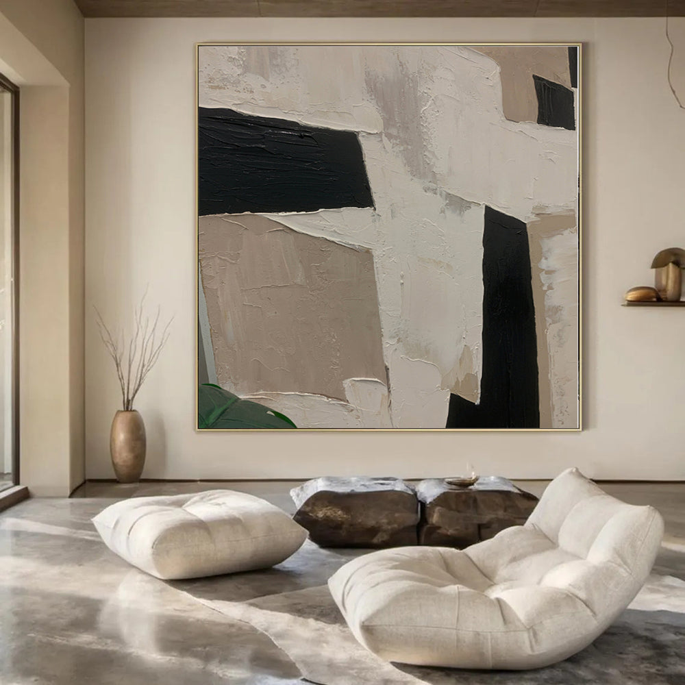 “Textured Neutral Shapes” - Abstract Work with Beige, Black, White CT0107