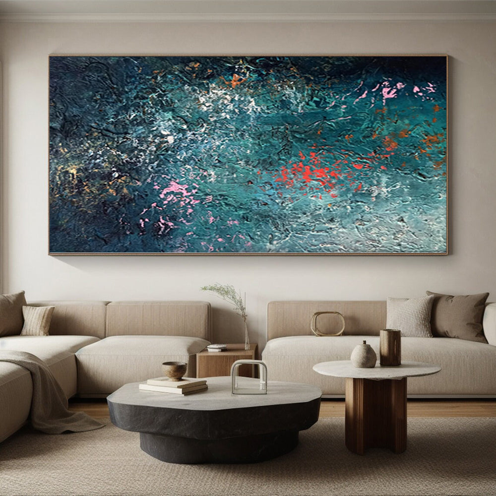 “Deep Sea Sparkle” - Abstract Painting with Teal Background, Pink and Orange Flecks CT0002