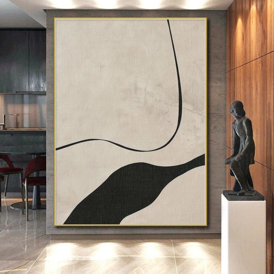 “Beige - Black Curved Lines” Minimalist Acrylic Art CT0264