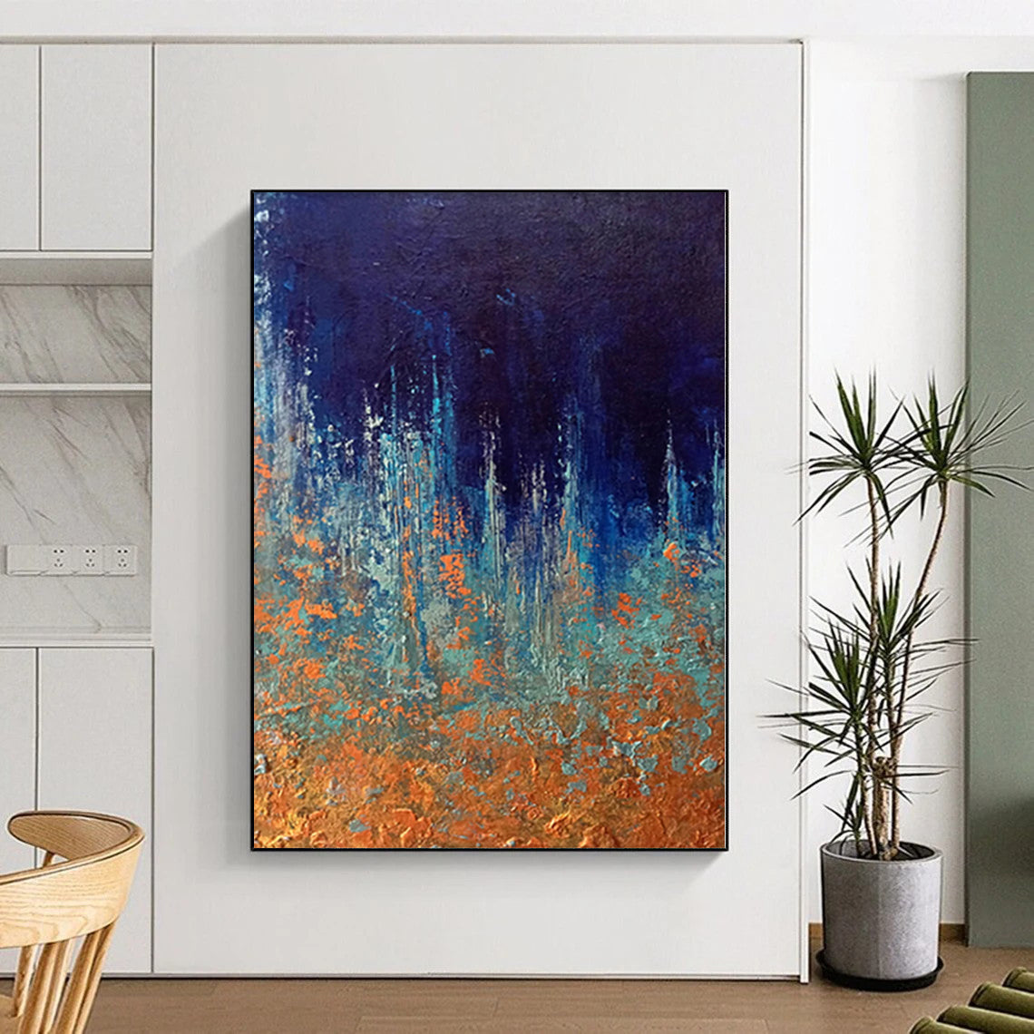 “Midnight Forest Sparkle” - Abstract Acrylic with Dark Blue, Teal, Orange CT0054