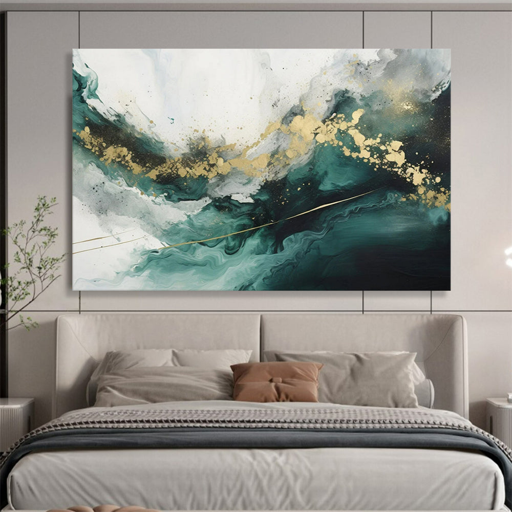 “Teal - Gold Fluid Waves” - Teals, greens, golds; flowing, marble - like abstraction CT1616
