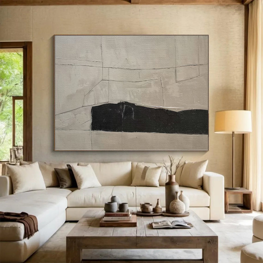 “Beige - Black Geometric Cracks” Abstract Acrylic Art CT0269