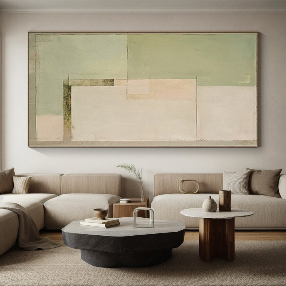 “Soft Green - Beige Minimalist Blocks” - Abstract Subtle Painting CT0398