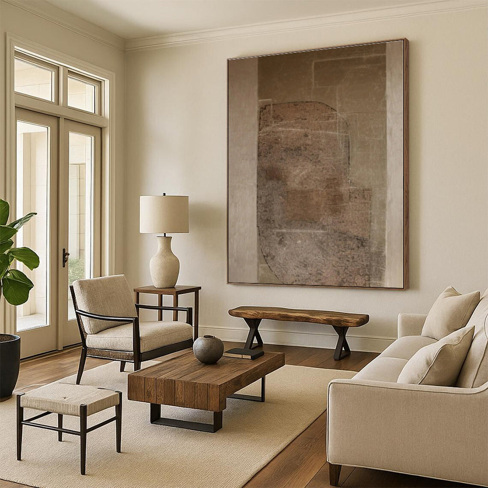 “Brown and Beige Textured Shapes”,Abstract Minimalist Mixed - Media Painting CT0520
