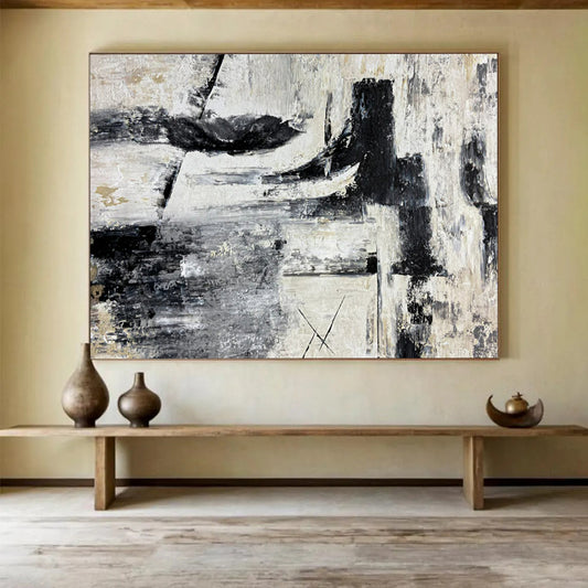 “Industrial Rhythm” – Black, white, gray with rough, intersecting acrylic shapes CT1692